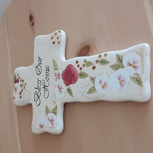 Bless Our Home Pink Floral Ceramic Cross Wall Hanging c2003 Inspirational Gift